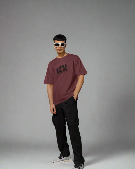 MUSICIANS GRAPHIC PRINT OVERSIZED T-SHIRT - BRICK RED