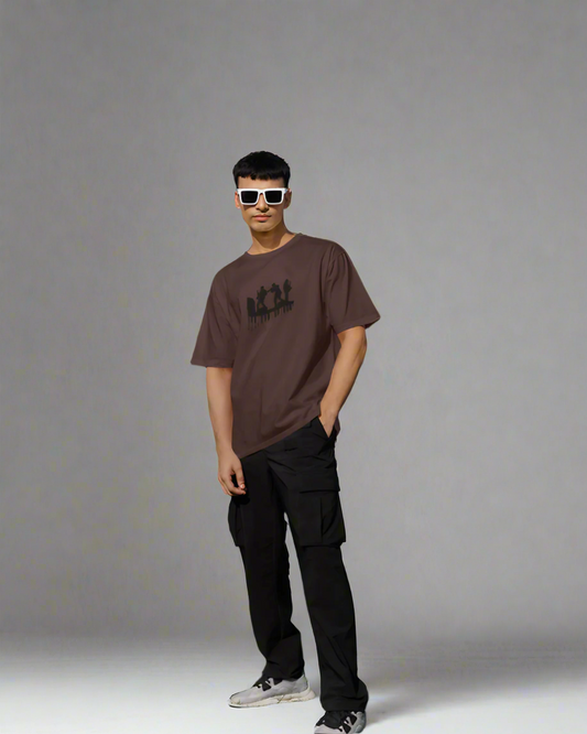 MUSICIANS GRAPHIC PRINT OVERSIZED T-SHIRT - COFFEE BROWN