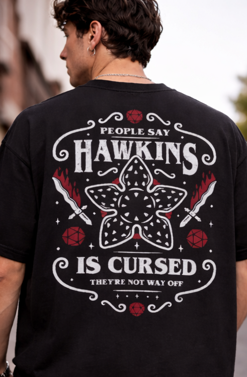 HAWKINS IS CURSED | STRANGER THINGS GRAPHIC PRINTED OVERSIZED FIT T-SHIRT