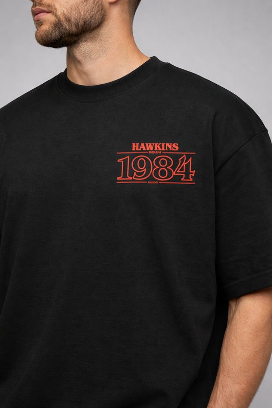 STRANGER THINGS THEMED GUITAR GRAPHIC PRINTED OVERSIZED FIT T-SHIRT