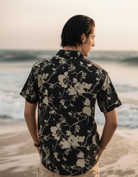 DIMAXIO SLIM FIT FLORAL PRINTED TWILL COTTON CASUAL SHIRT - BLACK