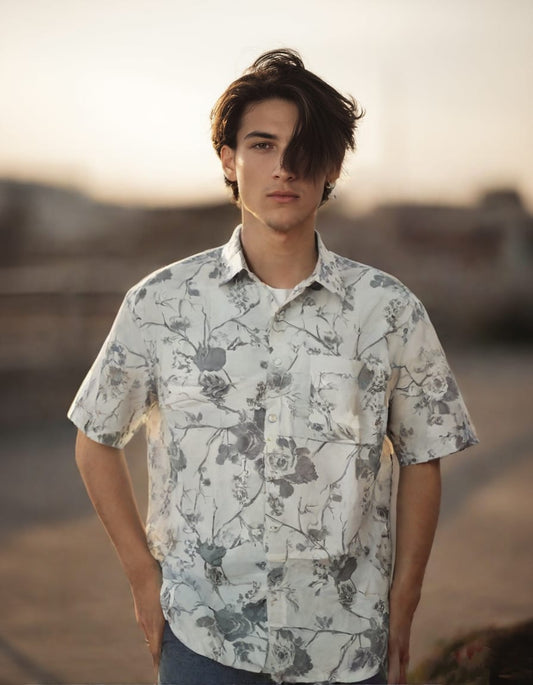 DIMAXIO SLIM FIT FLORAL PRINTED TWILL COTTON CASUAL SHIRT - WHITE