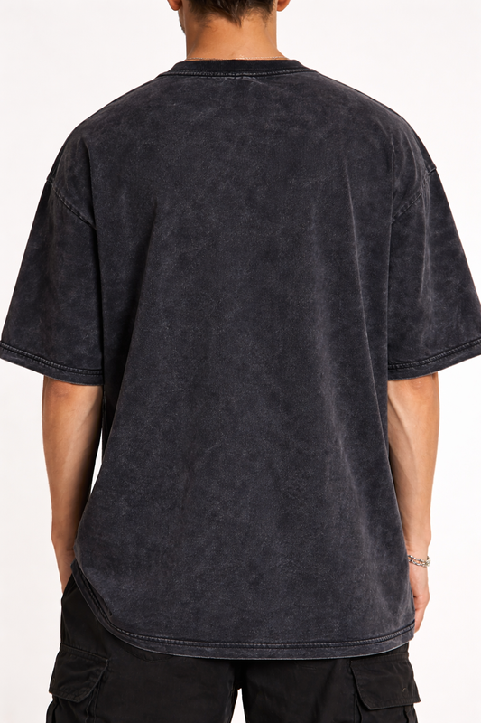 SKULL PRINTED BLACK ACID WASHED 240GSM OVERSIZED T-SHIRT