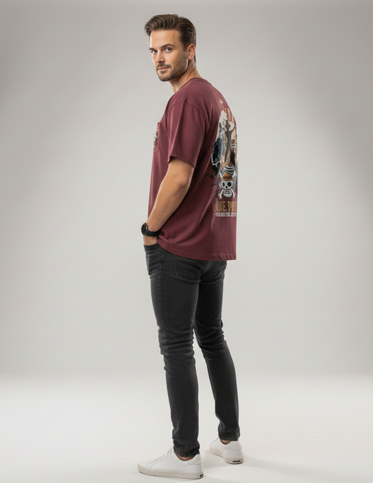 PREMIUM GRAND LINE ADVENTURES GRAPHIC PRINT OVERSIZED T-SHIRT - BRICK RED