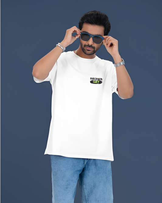HACKER CAT GRAPHIC PRINT OVERSIZED T-SHIRT - WHITE