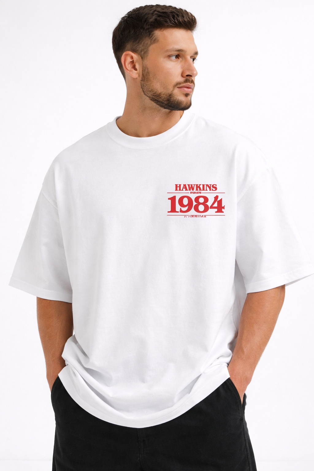 STRANGER THINGS THEMED GUITAR GRAPHIC PRINTED OVERSIZED FIT T-SHIRT