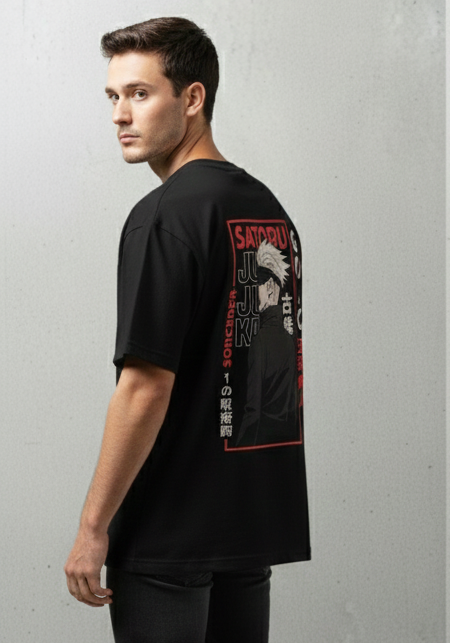 SATORU GOJO GRAPHIC PRINT OVERSIZED T-SHIRT - BLACK