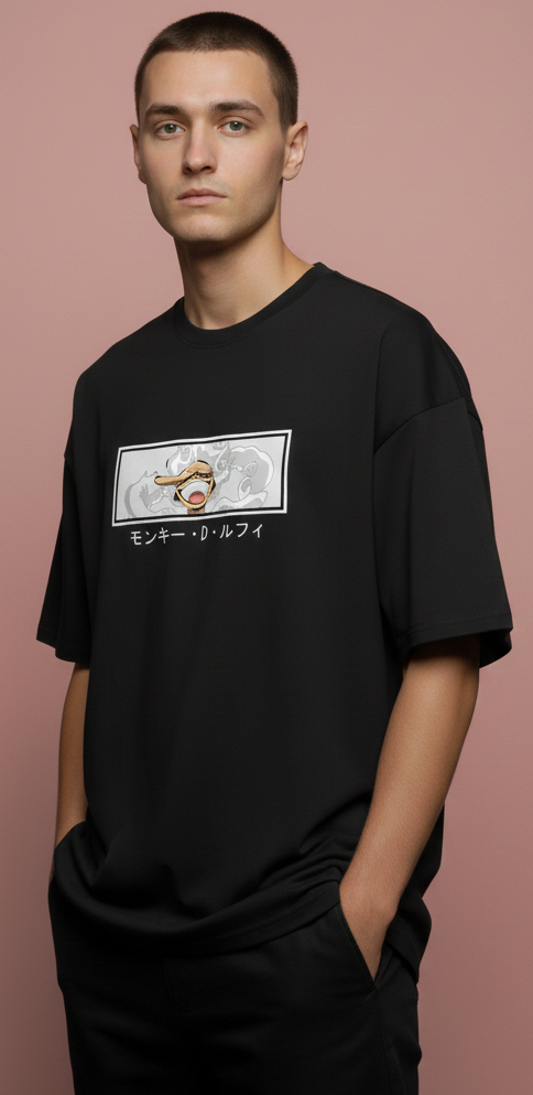 MONKEY D. LUFFY GRAPHIC PRINT OVERSIZED T-SHIRT - BLACK