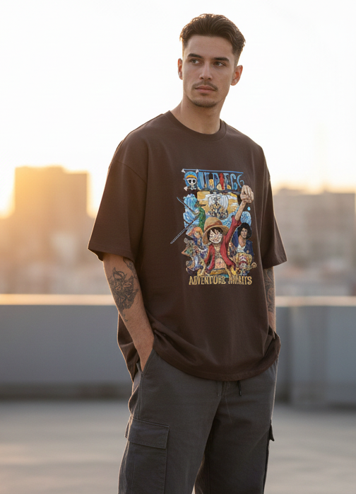 THE LUXE WANO ADVENTURE GRAPHIC PRINT OVERSIZED T-SHIRT - COFFEE BROWN