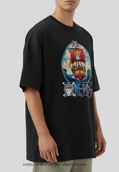 ONE PIECE GRAND VOYAGE GRAPHIC PRINT OVERSIZED T-SHIRT - BLACK