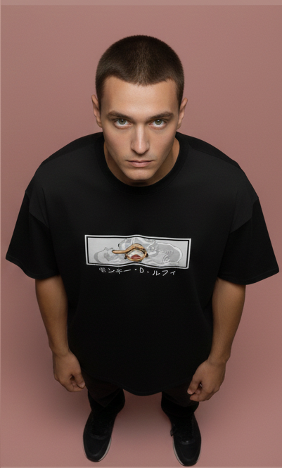 MONKEY D. LUFFY GRAPHIC PRINT OVERSIZED T-SHIRT - BLACK