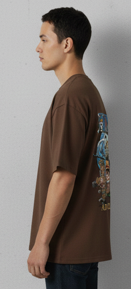 PREMIUM ADVENTURE AWAITS GRAPHIC PRINT OVERSIZED T-SHIRT - COFFEE BROWN