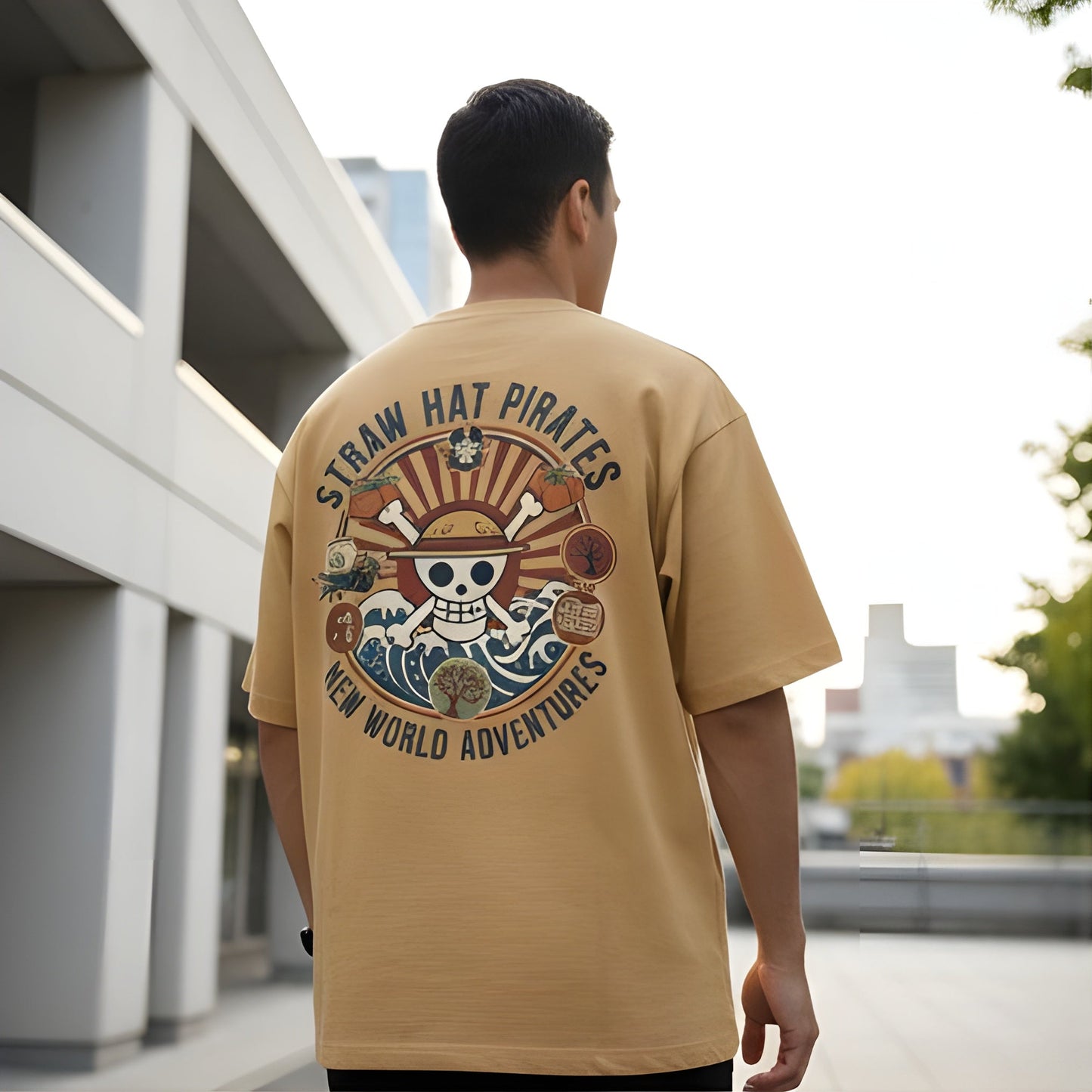 THE STRAW HAT PIRATES ADVENTURE GRAPHIC PRINT OVERSIZED T-SHIRT - BEIGE
