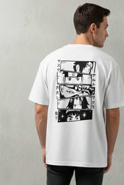 NARUTO : TEAM 7 EYES GRAPHIC PRINT OVERSIZED T-SHIRT - WHITE