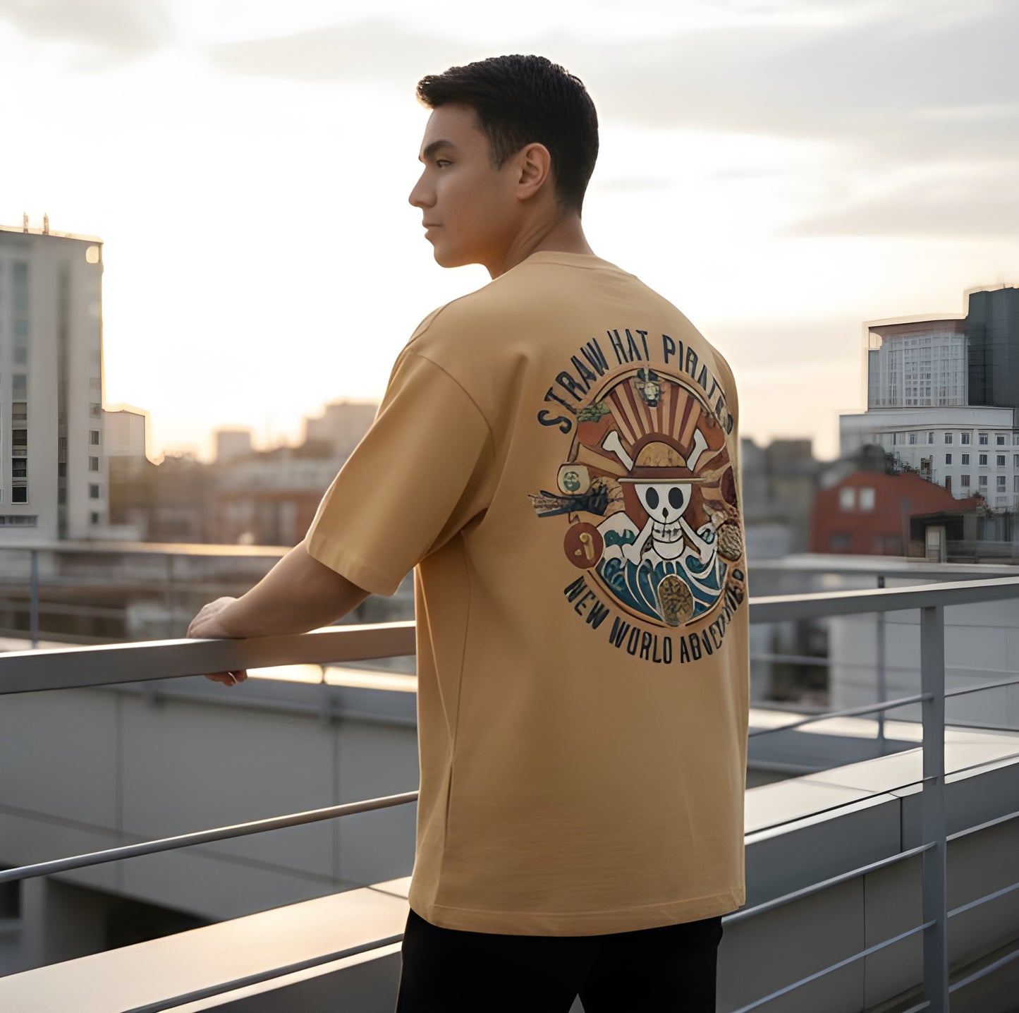 THE STRAW HAT PIRATES ADVENTURE GRAPHIC PRINT OVERSIZED T-SHIRT - BEIGE