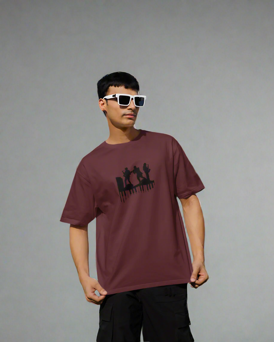 MUSICIANS GRAPHIC PRINT OVERSIZED T-SHIRT - BRICK RED