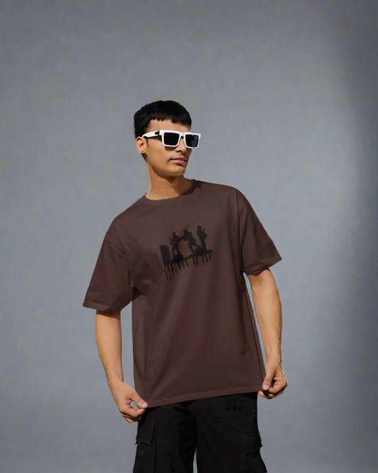 MUSICIANS GRAPHIC PRINT OVERSIZED T-SHIRT - COFFEE BROWN