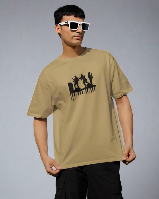 MUSICIANS GRAPHIC PRINT OVERSIZED T-SHIRT - BEIGE