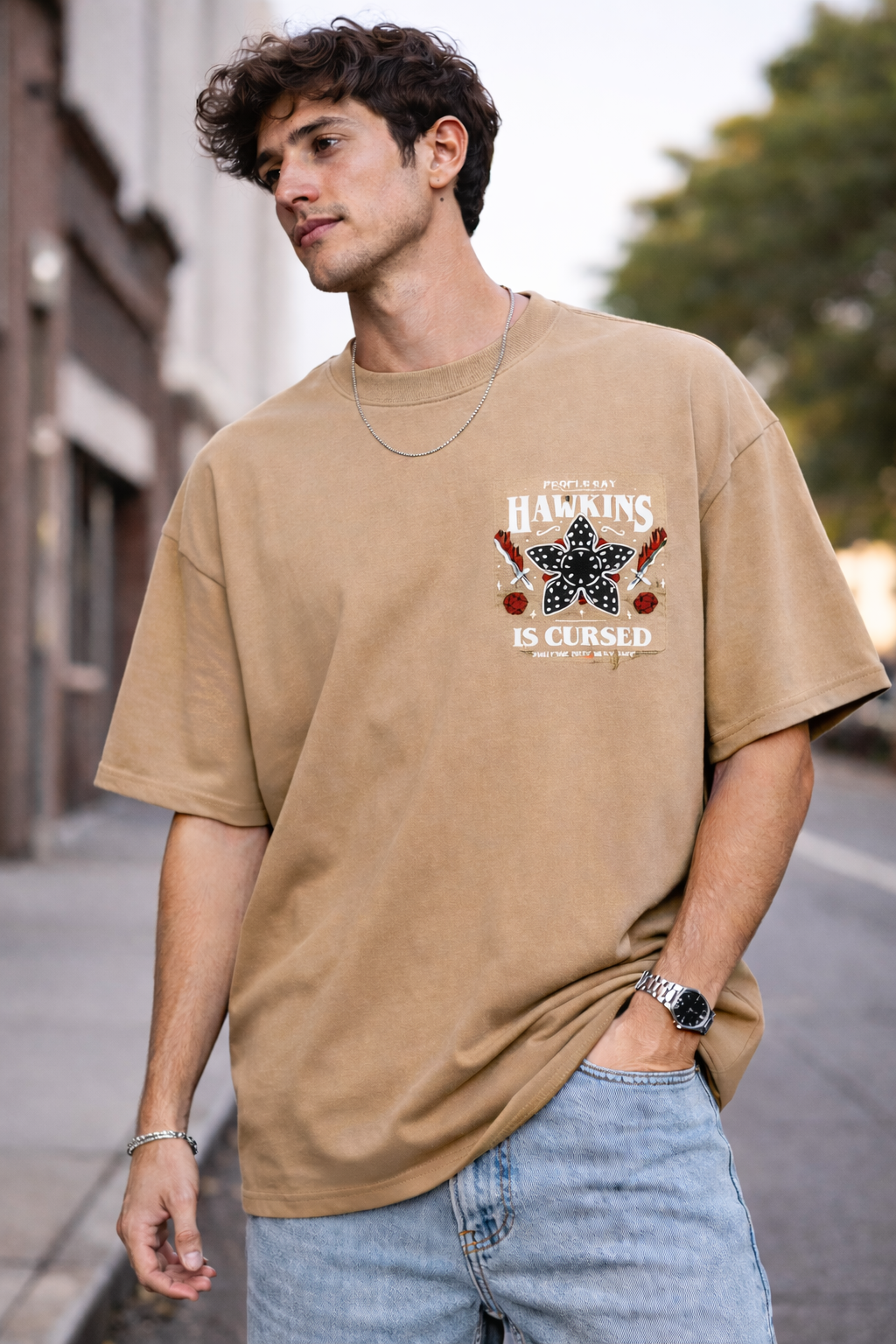 HAWKINS IS CURSED | STRANGER THINGS GRAPHIC PRINTED OVERSIZED FIT T-SHIRT