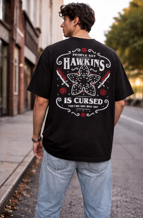 HAWKINS IS CURSED | STRANGER THINGS GRAPHIC PRINTED OVERSIZED FIT T-SHIRT