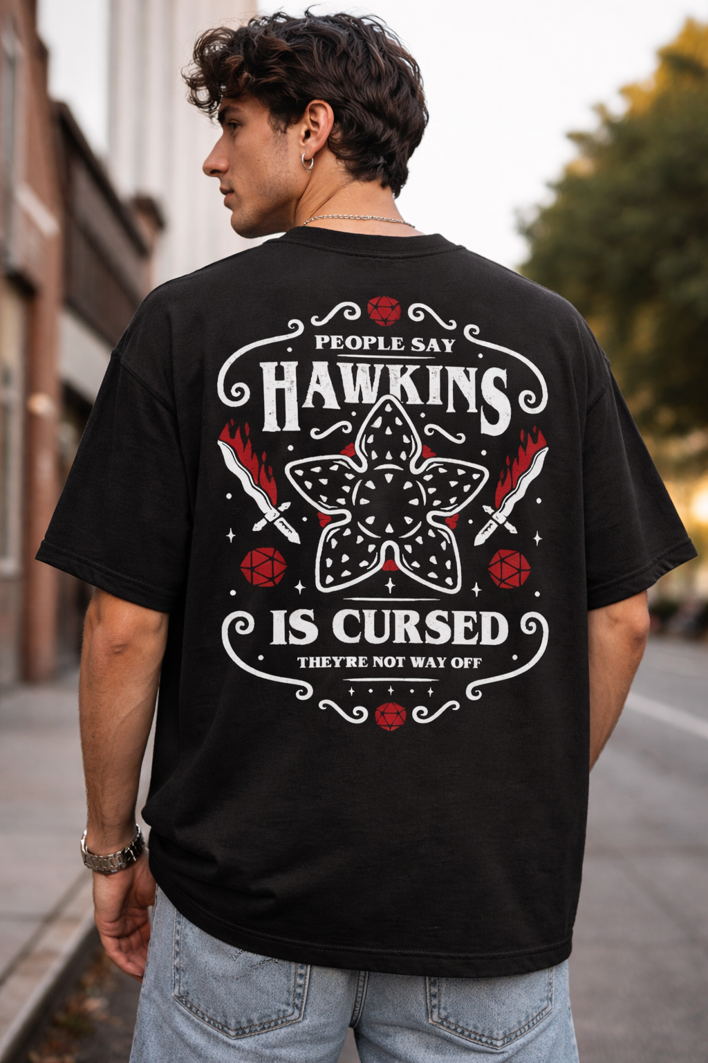 HAWKINS IS CURSED | STRANGER THINGS GRAPHIC PRINTED OVERSIZED FIT T-SHIRT