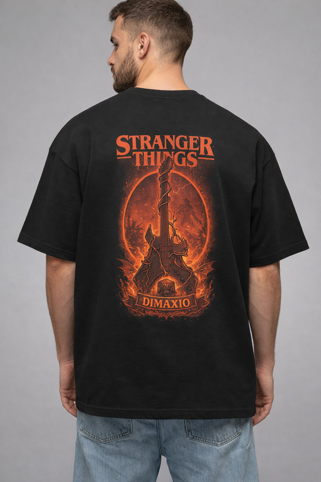 STRANGER THINGS THEMED GUITAR GRAPHIC PRINTED OVERSIZED FIT T-SHIRT