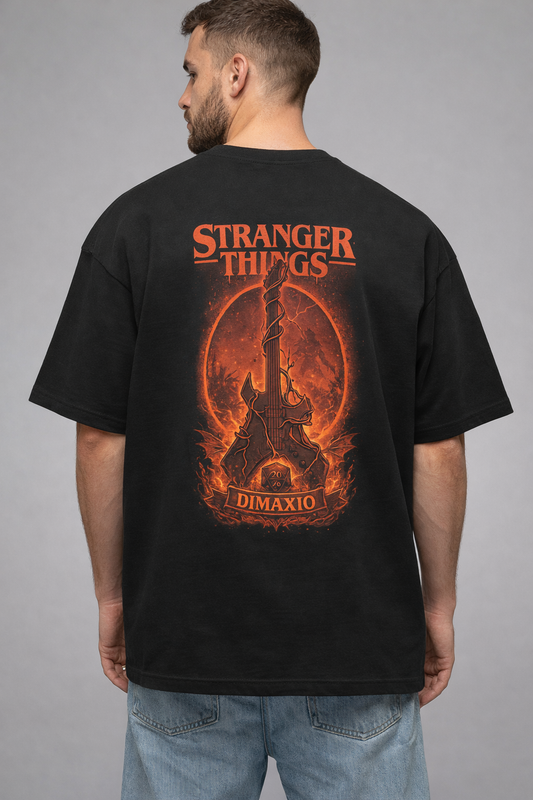 STRANGER THINGS THEMED GUITAR GRAPHIC PRINTED OVERSIZED FIT T-SHIRT
