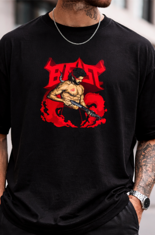 BEAST GRAPHIC PRINT OVERSIZED T-SHIRT - BLACK