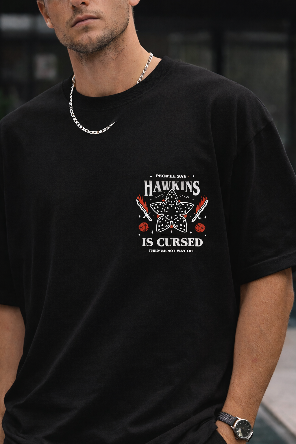 HAWKINS IS CURSED | STRANGER THINGS GRAPHIC PRINTED OVERSIZED FIT T-SHIRT