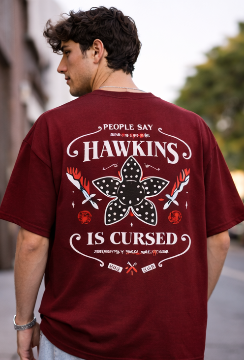 HAWKINS IS CURSED | STRANGER THINGS GRAPHIC PRINTED OVERSIZED FIT T-SHIRT