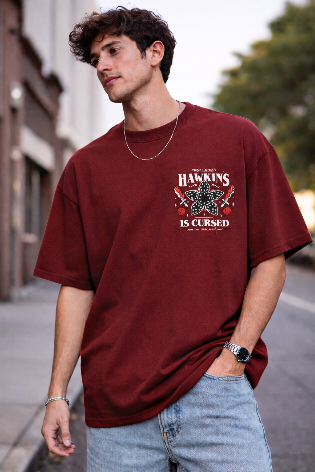 HAWKINS IS CURSED | STRANGER THINGS GRAPHIC PRINTED OVERSIZED FIT T-SHIRT