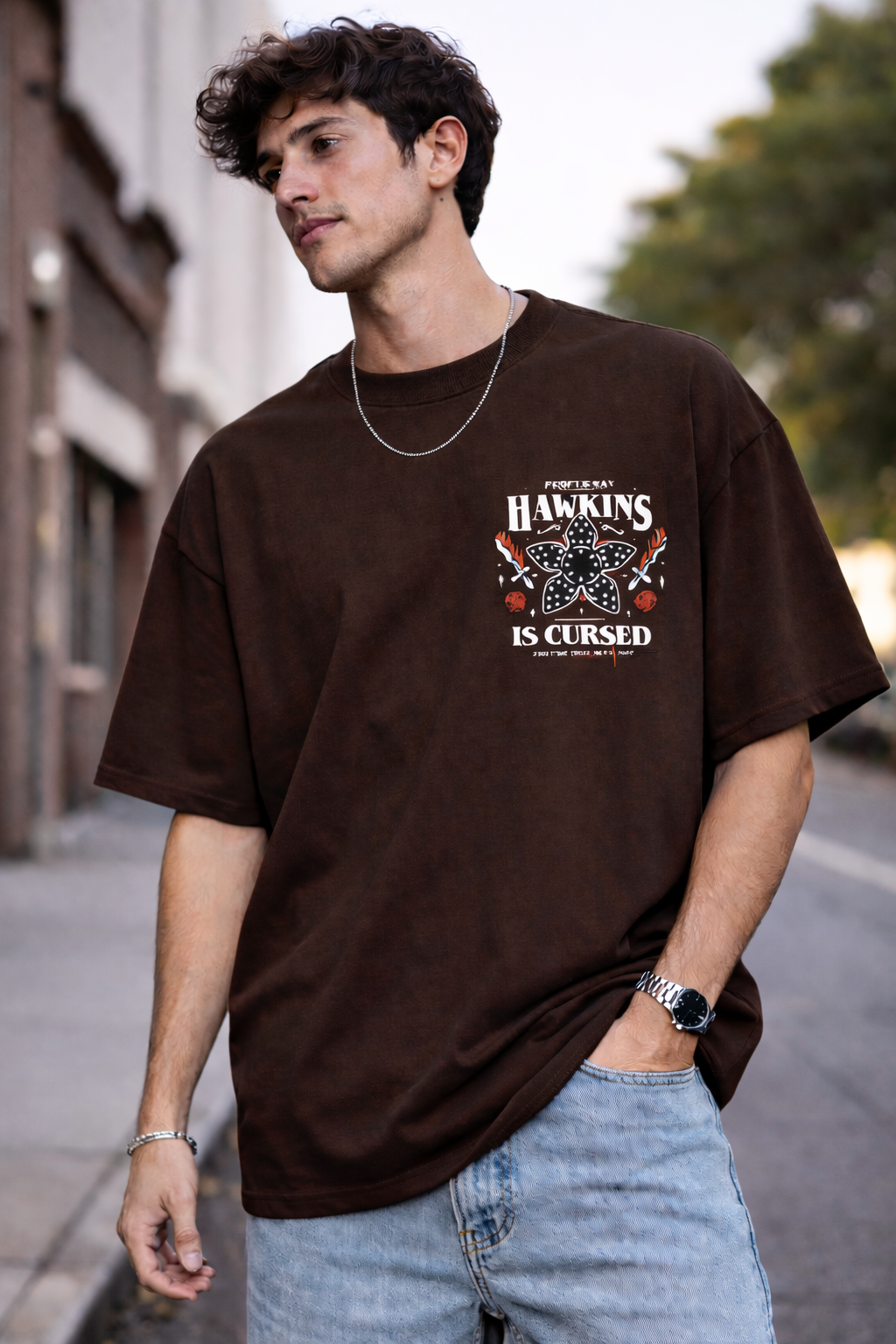 HAWKINS IS CURSED | STRANGER THINGS GRAPHIC PRINTED OVERSIZED FIT T-SHIRT