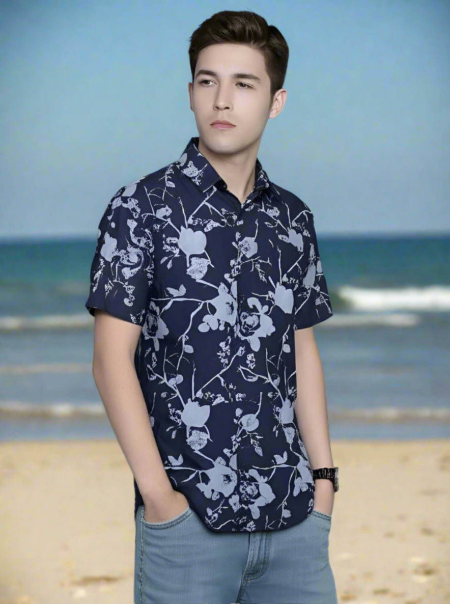 DIMAXIO SLIM FIT FLORAL PRINTED TWILL COTTON CASUAL SHIRT - BLUE