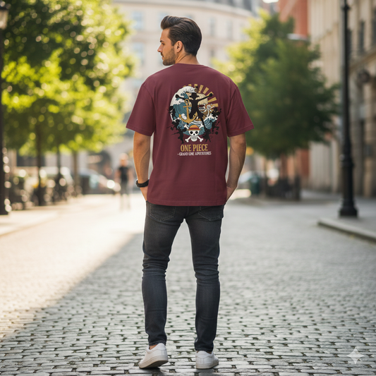 PREMIUM GRAND LINE ADVENTURES GRAPHIC PRINT OVERSIZED T-SHIRT - BRICK RED