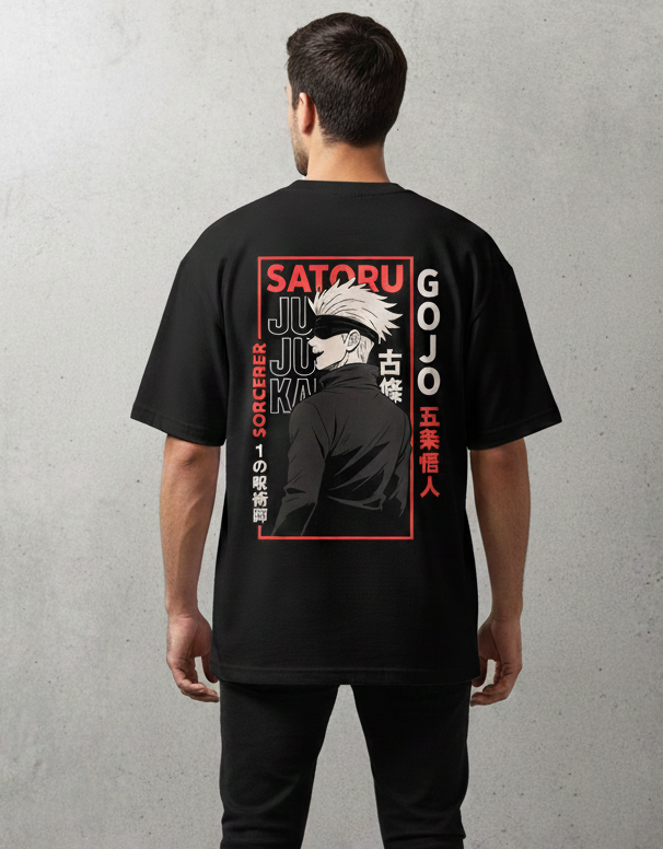 SATORU GOJO GRAPHIC PRINT OVERSIZED T-SHIRT - BLACK