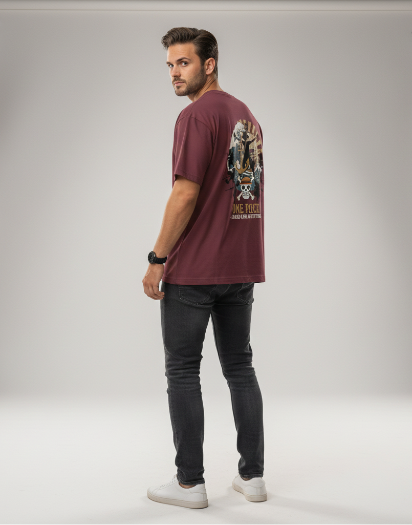 PREMIUM GRAND LINE ADVENTURES GRAPHIC PRINT OVERSIZED T-SHIRT - BRICK RED