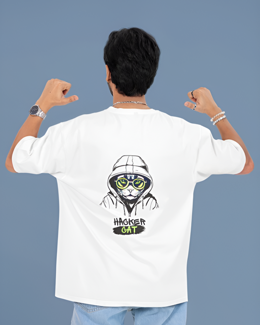 HACKER CAT GRAPHIC PRINT OVERSIZED T-SHIRT - WHITE
