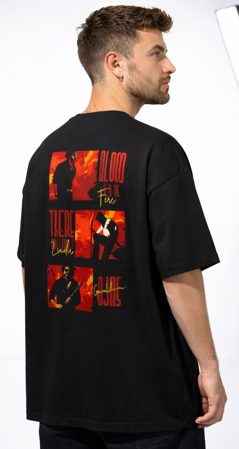BLOOD FIRE GOALS GRAPHIC PRINT OVERSIZED T-SHIRT - BLACK