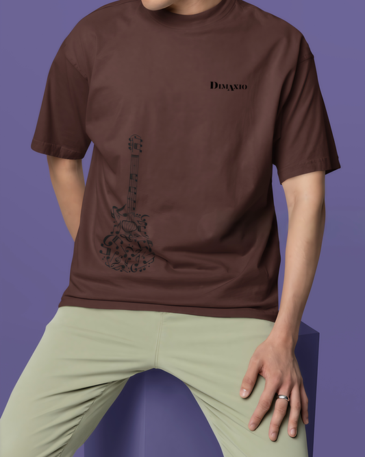 GUITAR GRAPHIC PRINT OVERSIZED T-SHIRT - COFFEE BROWN