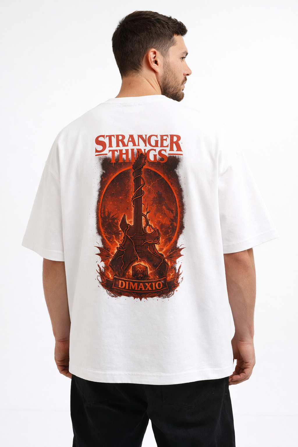 STRANGER THINGS THEMED GUITAR GRAPHIC PRINTED OVERSIZED FIT T-SHIRT