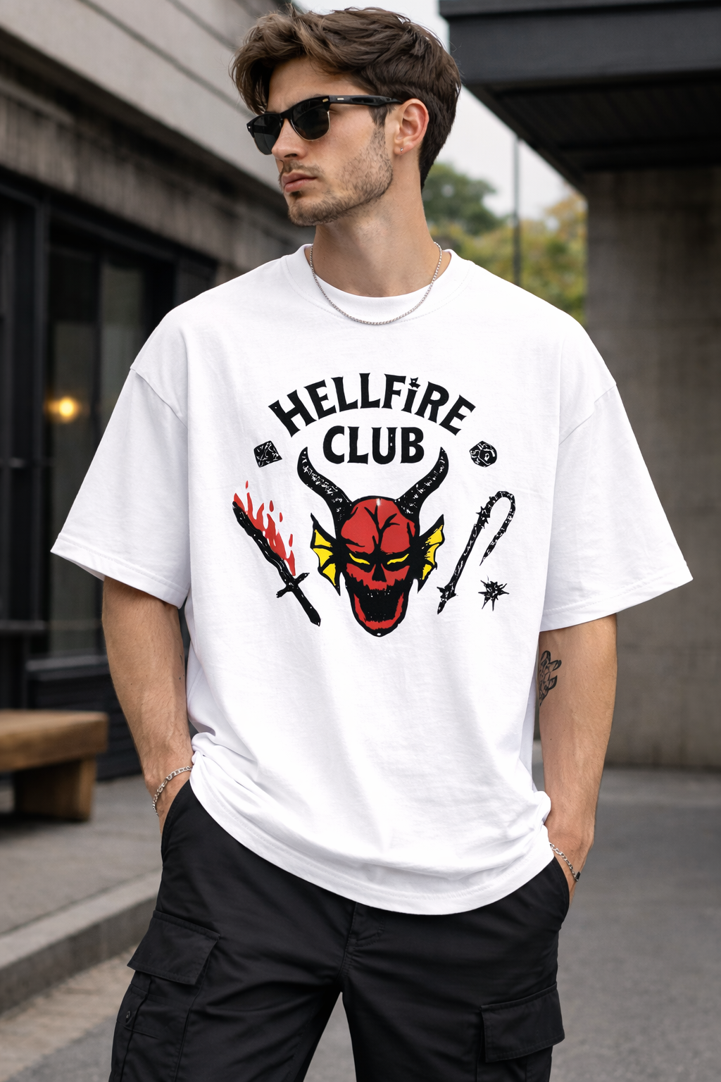 HELLFIRE CLUB | STRANGER THINGS GRAPHIC PRINTED OVERSIZED T-SHIRT